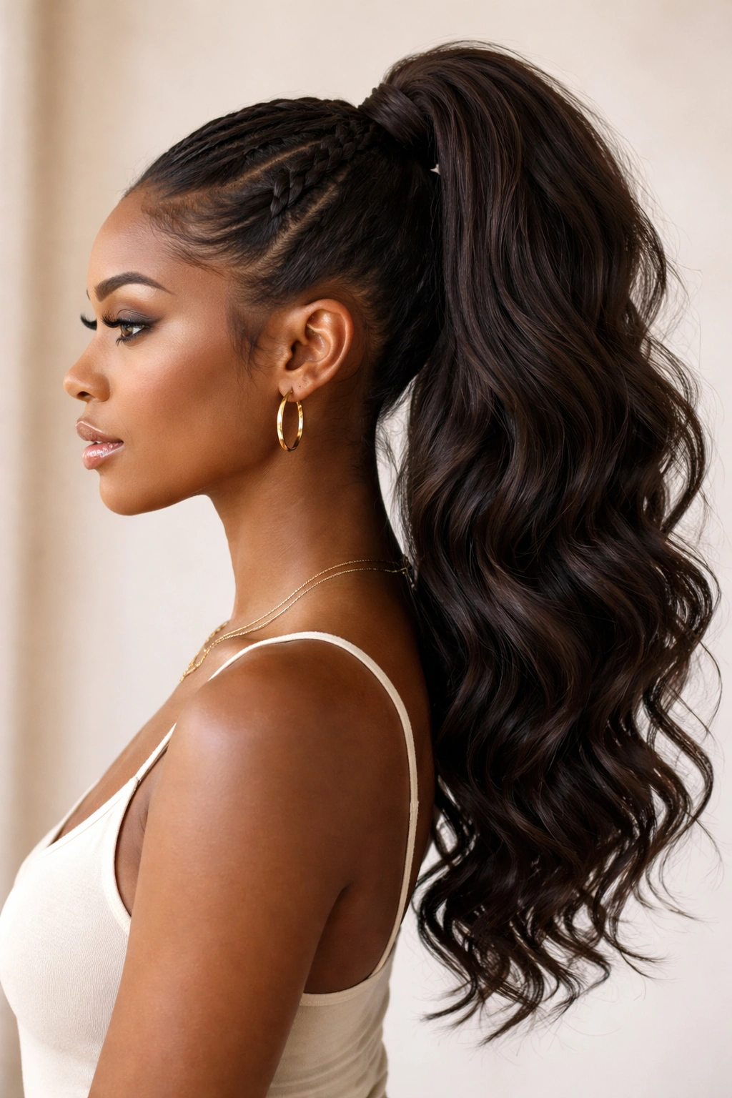 Side view of high ponytail with side braid feeding into loose waves