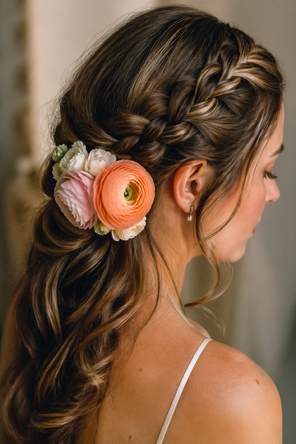 Close-up of a real woman with a side braid and ranunculus cluster near the ear