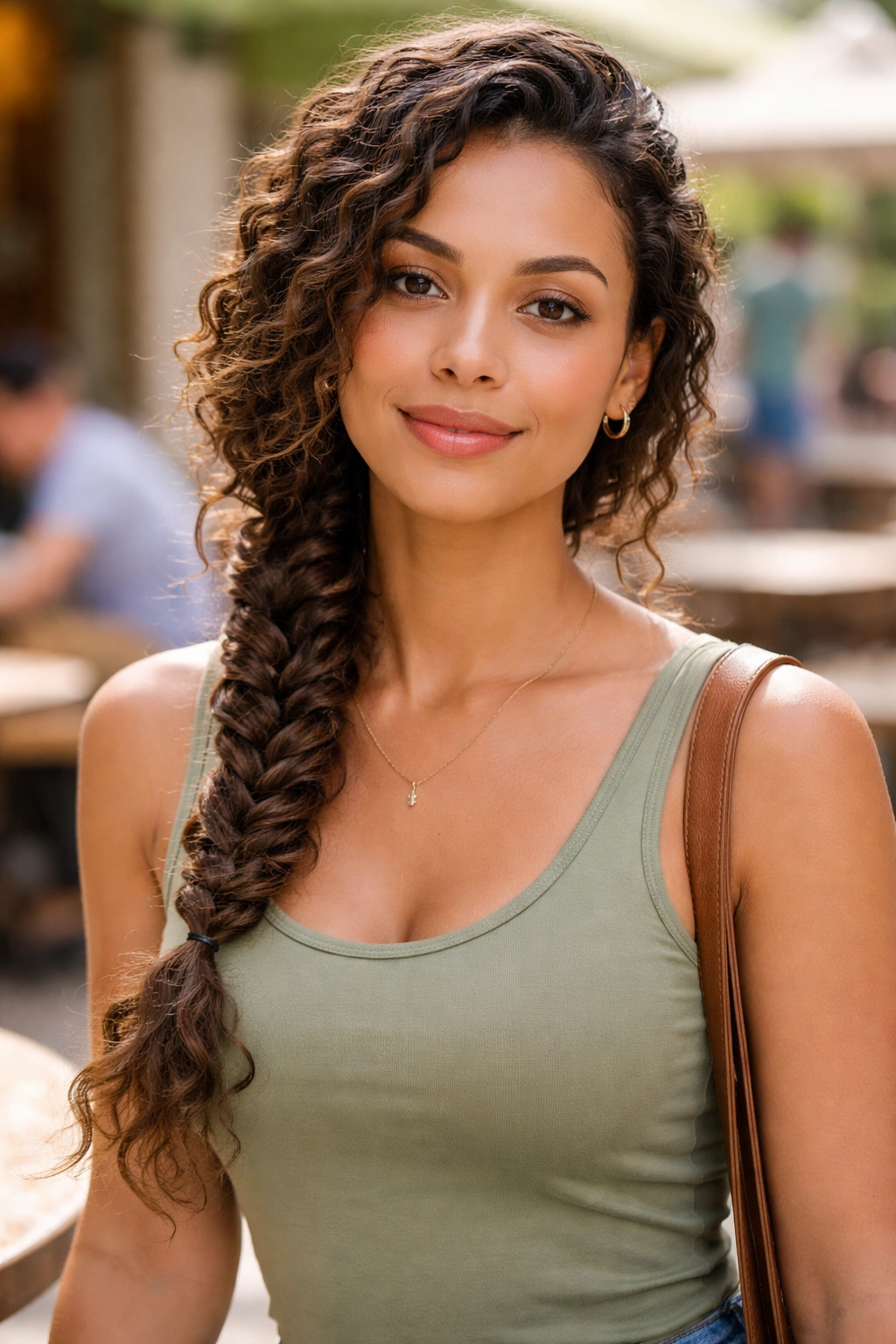 Close-up of a real person with a side braid draped over one shoulder outdoors.
