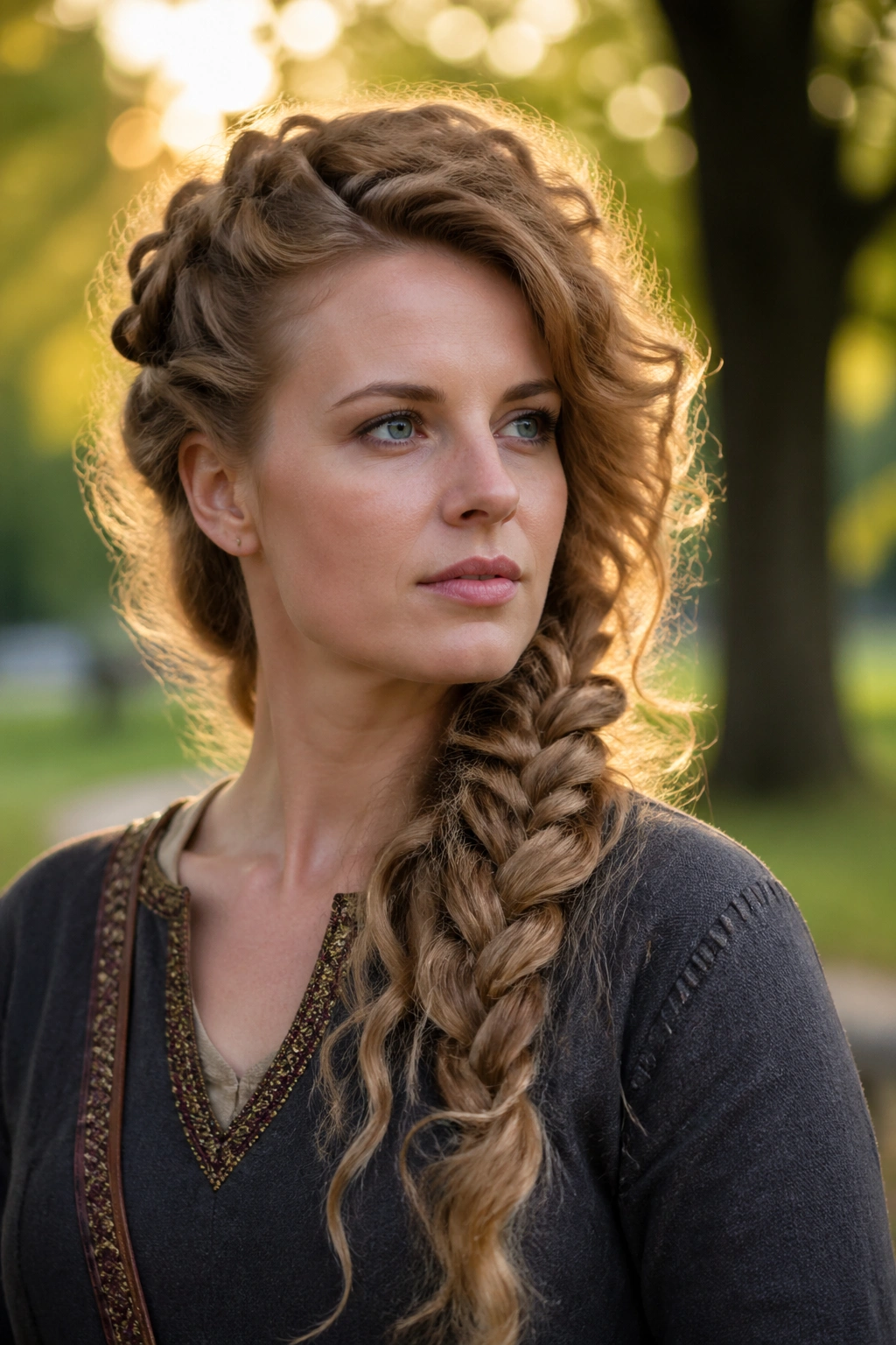 Portrait of a real person with a side braid and swept-over volume in golden hour light.