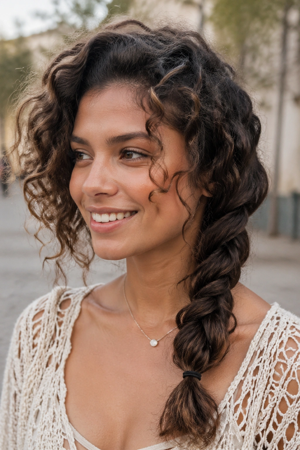 Close-up of real woman with large side braid and voluminous opposite side