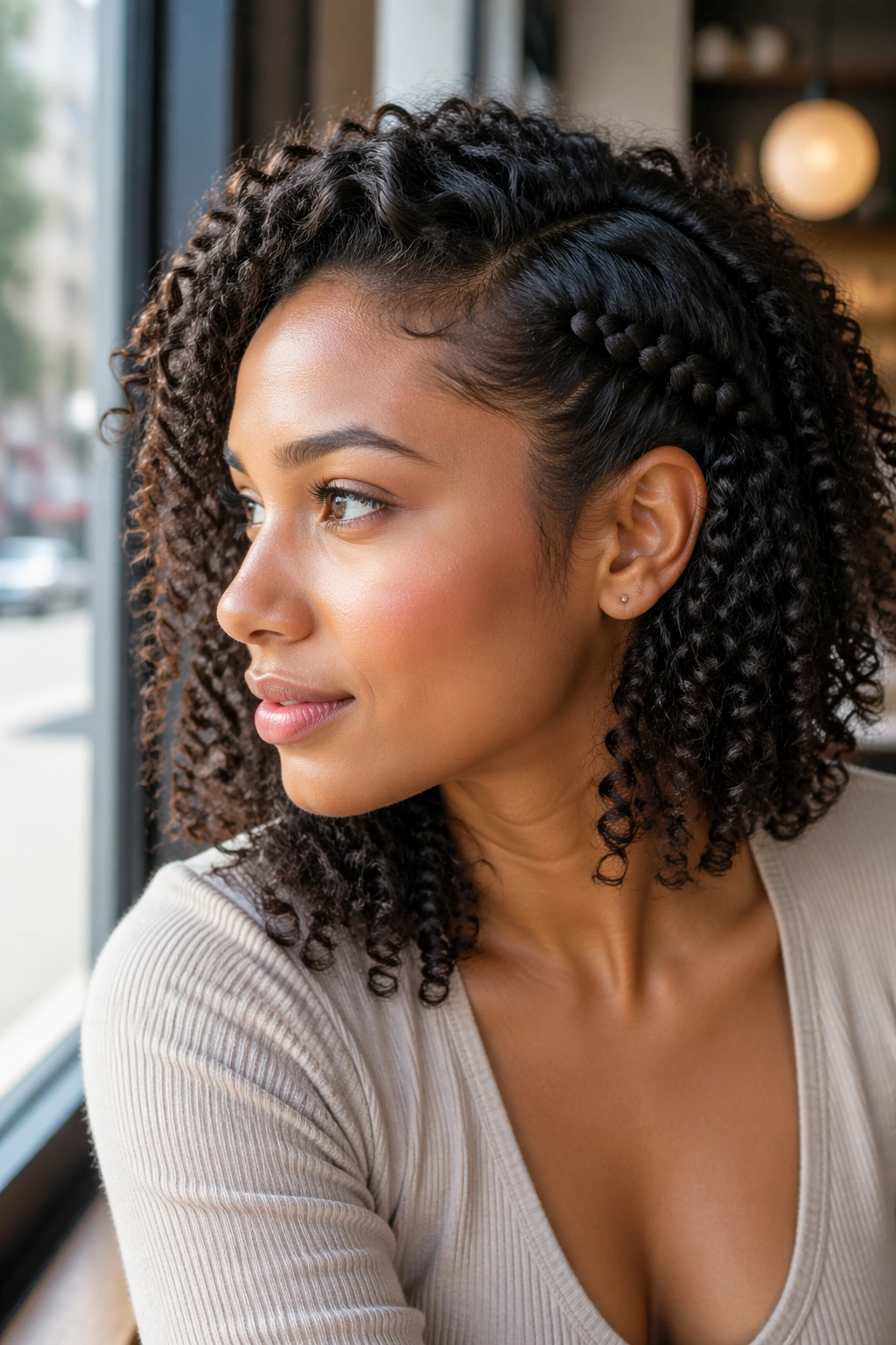 Close-up of a side braid on wash-and-go curls at a cafe window