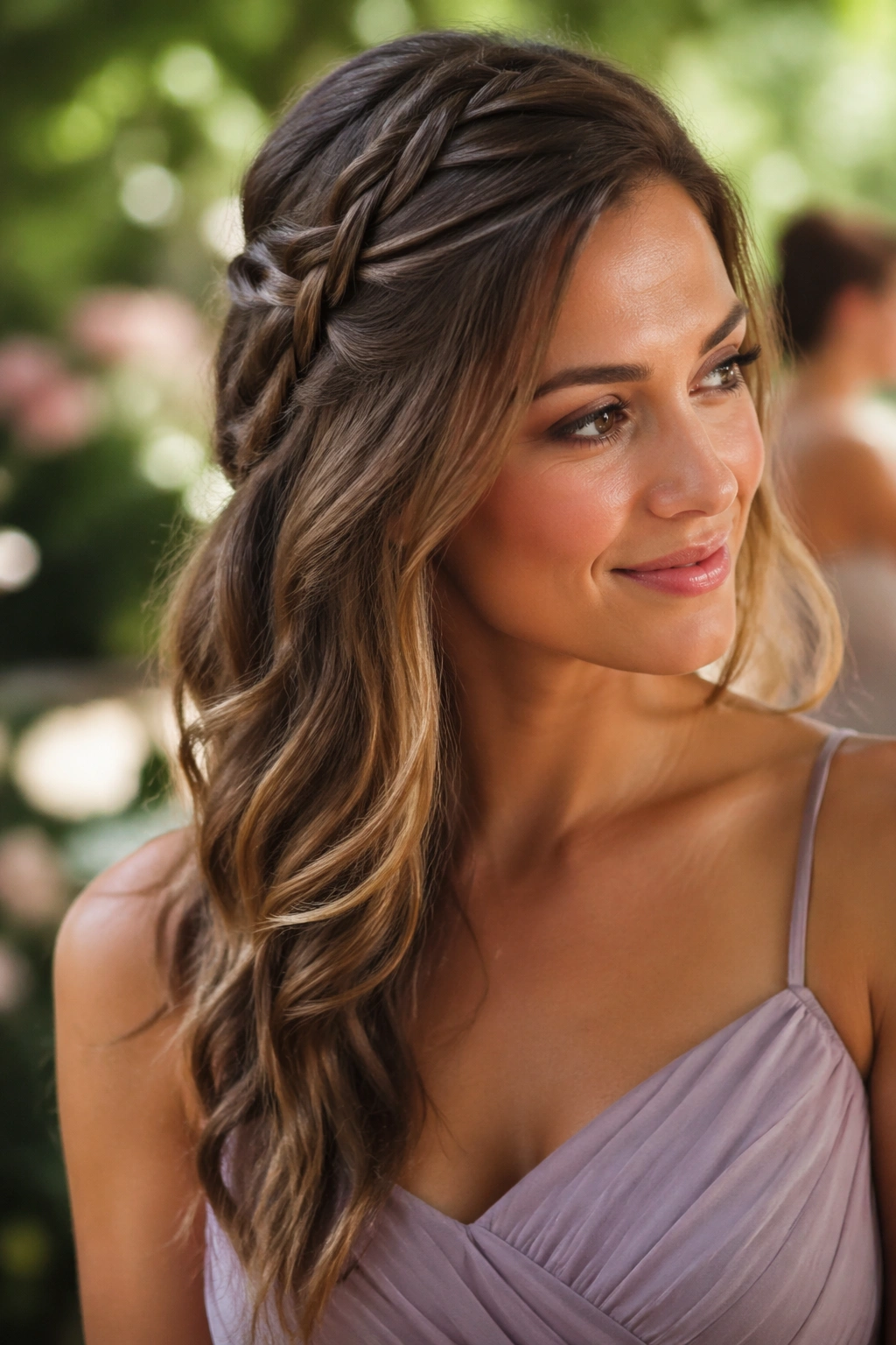 Close-up of a real woman with a side braid blending into loose waves