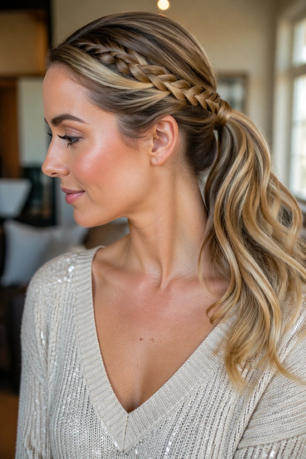 Close-up of a real woman with side-braid wrap mid ponytail