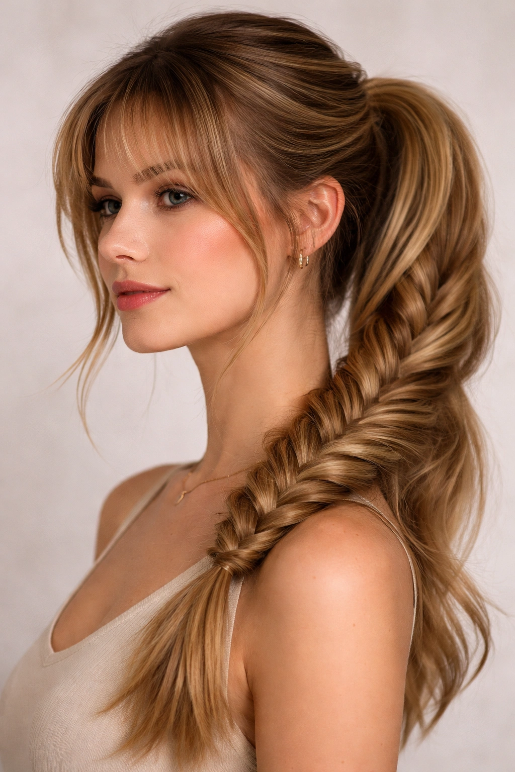 Side-braided fishtail ponytail with face-framing bangs in studio
