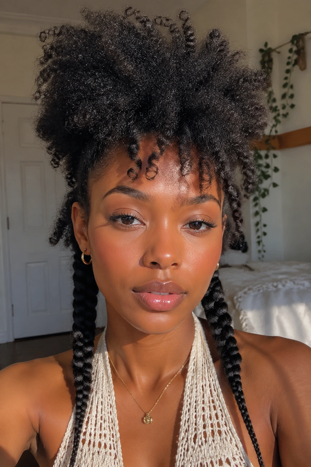 Close-up of a real woman with two side braids and a loose top cloud of natural hair