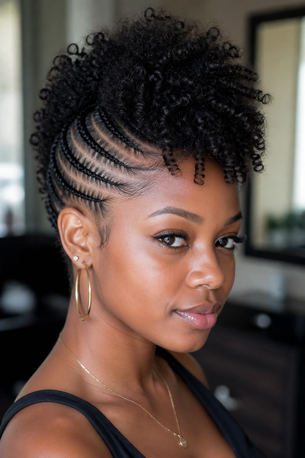 Portrait of a Black woman with side cornrows and a curly center puff