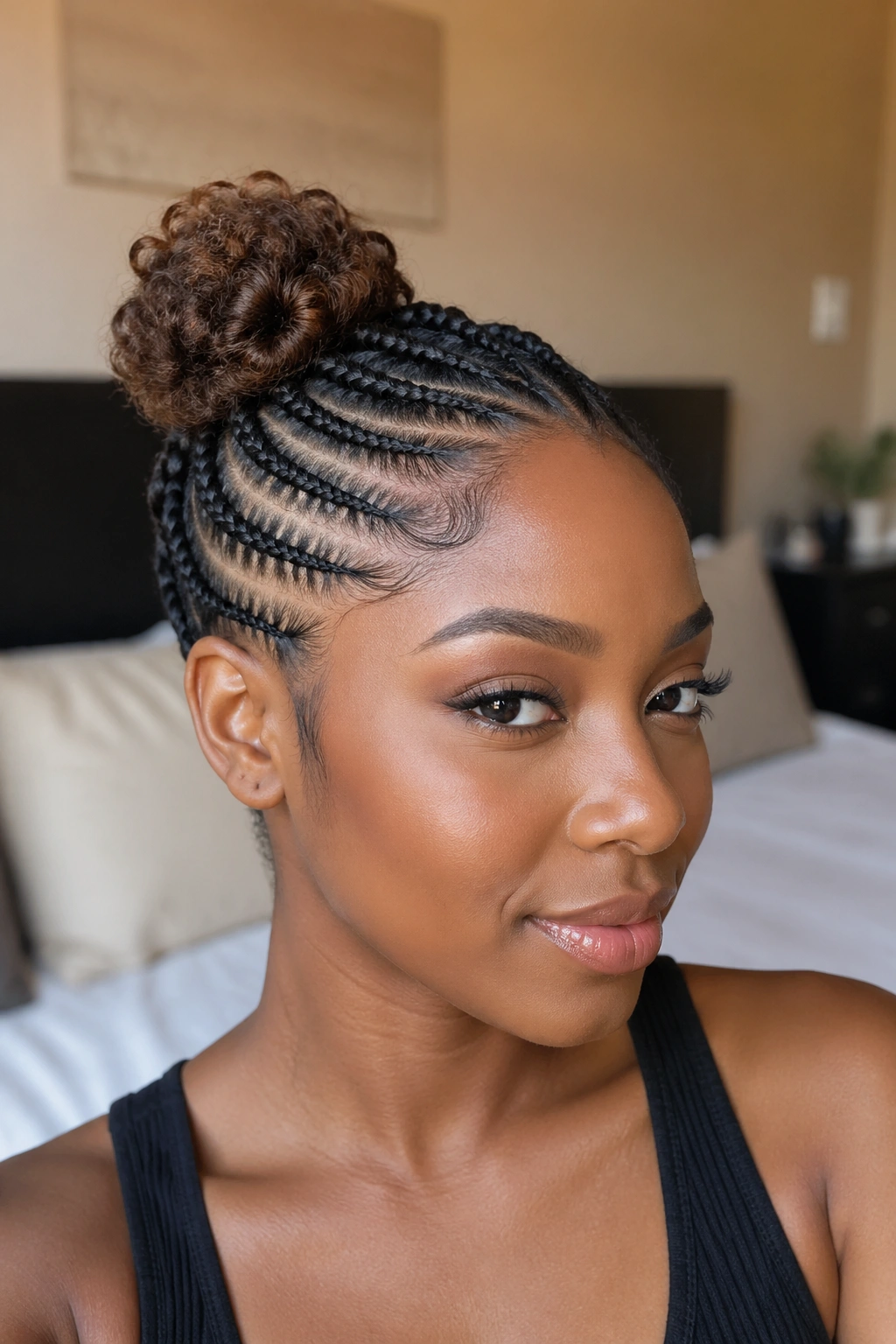 Close-up portrait of a woman with a small side bun and cornrowed sides