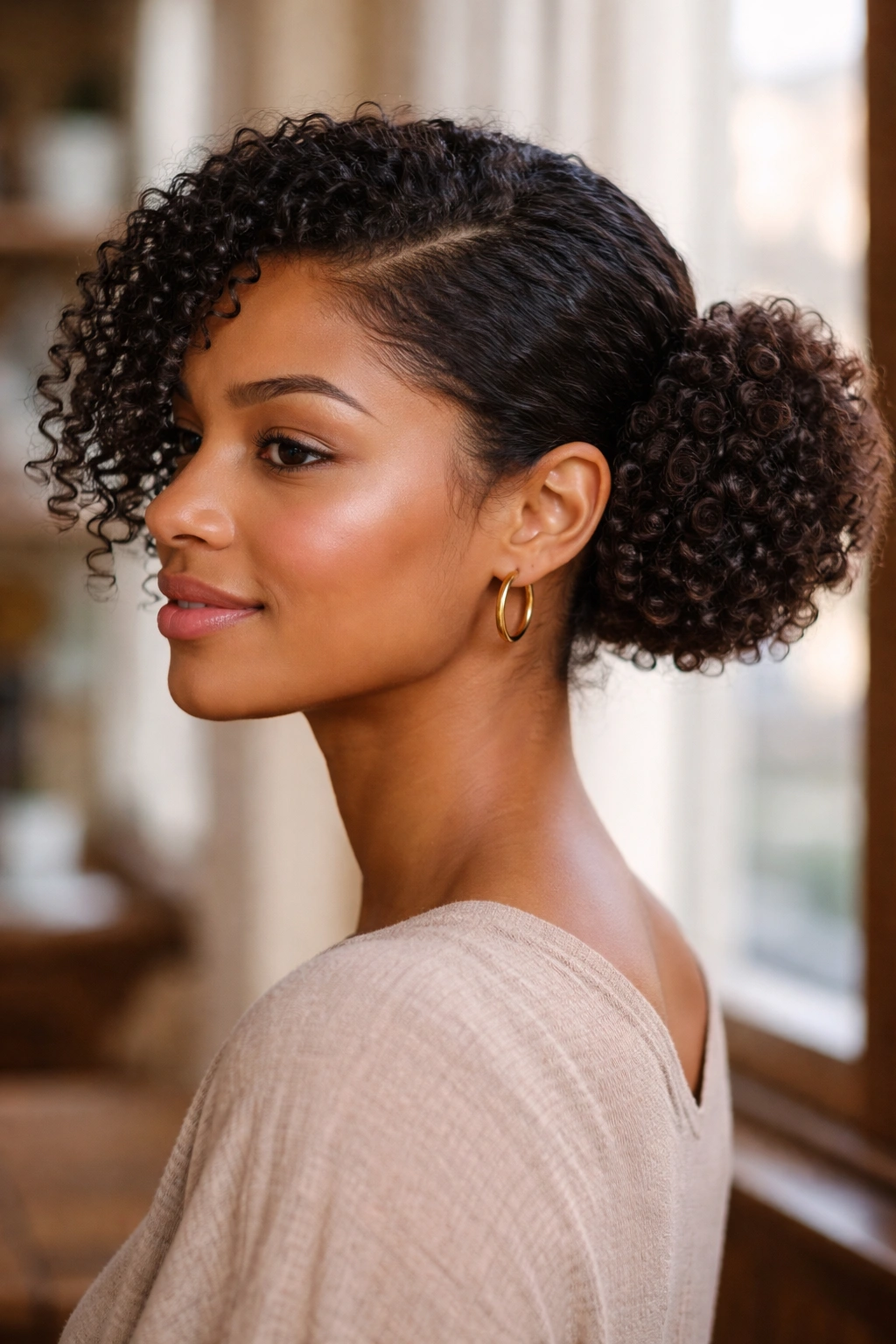 Close-up of a real woman with a side bun on curly natural hair in a warm cafe setting
