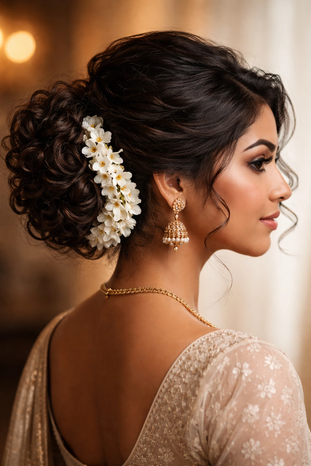 Side view of jasmine-adorned side bun with volume in curly hair