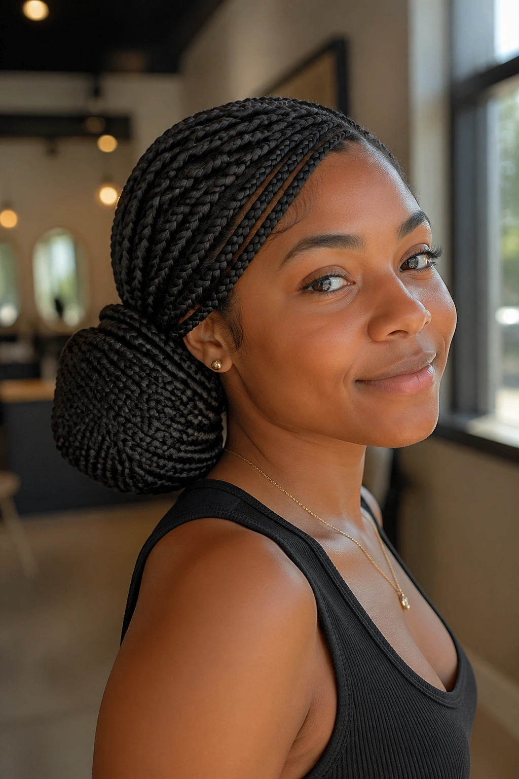 Real woman with a low side bun of lemonade box braids in a warm salon, close-up.