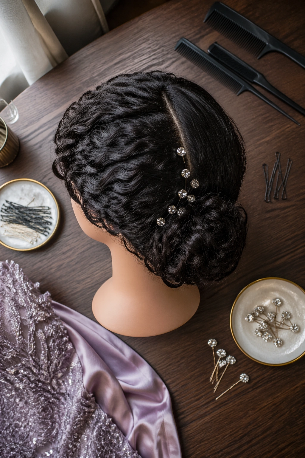 Side bun with deep part and sparkle pins flat lay.