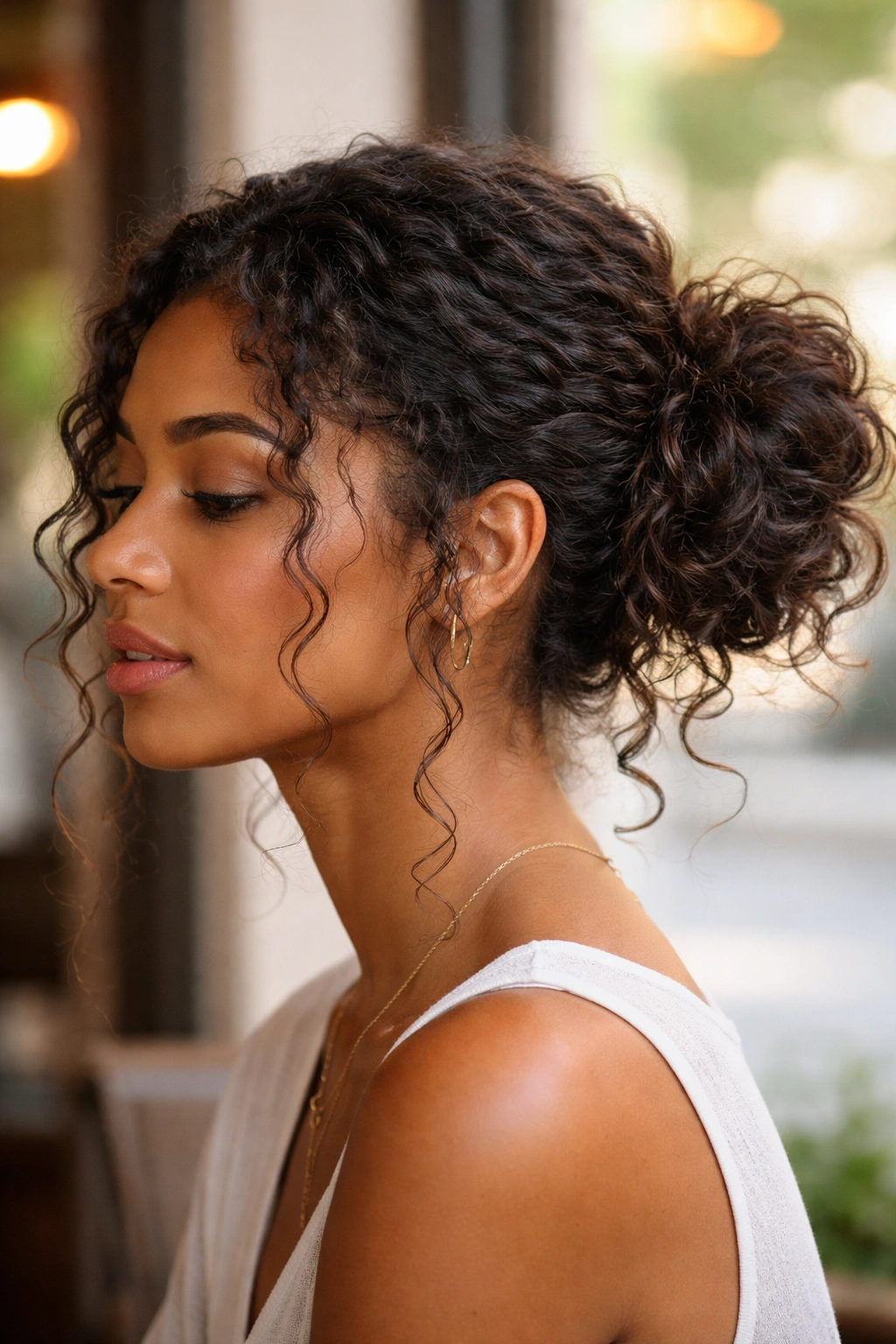 Side-swept messy bun with escaped tendrils around the face.