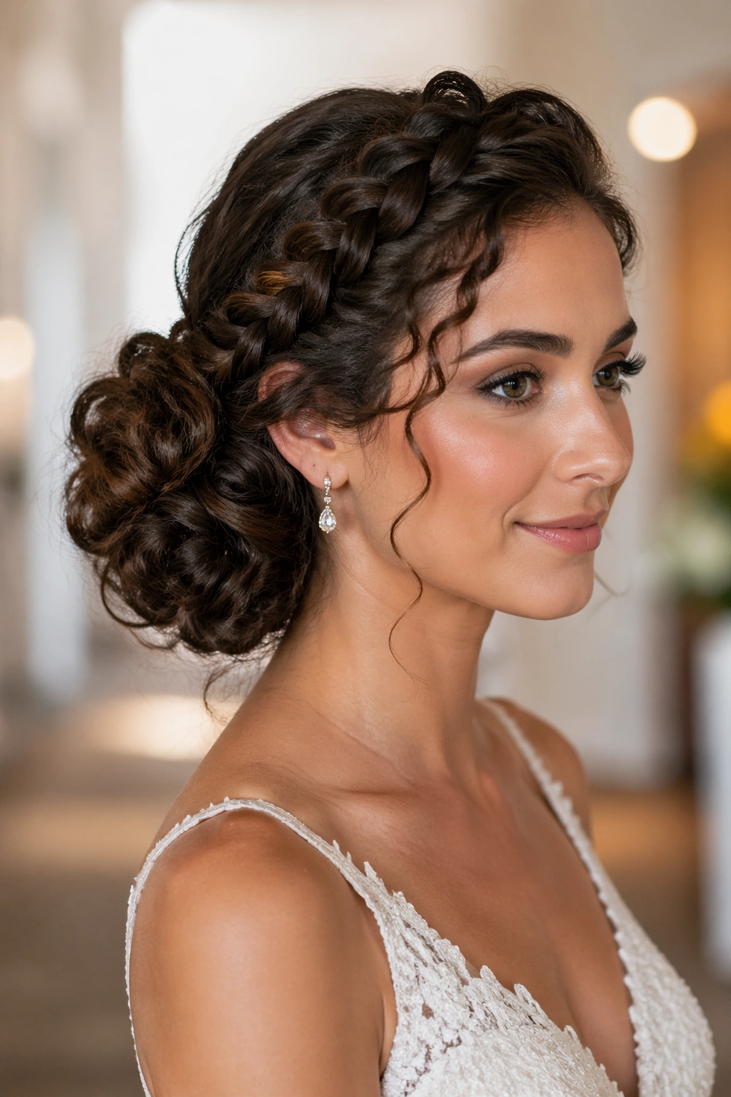 Three-quarter profile of a real bride with Side Chignon and Braided Detail hairstyle