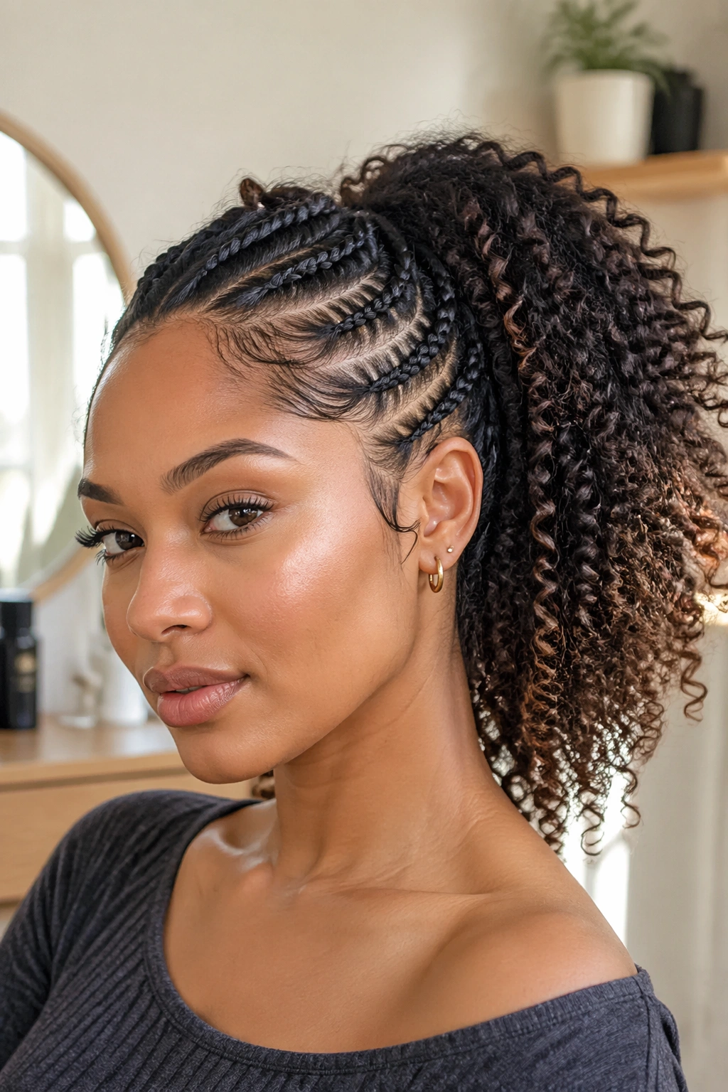 Close-up of a real woman with a side cornrow transitioning into a curly ponytail