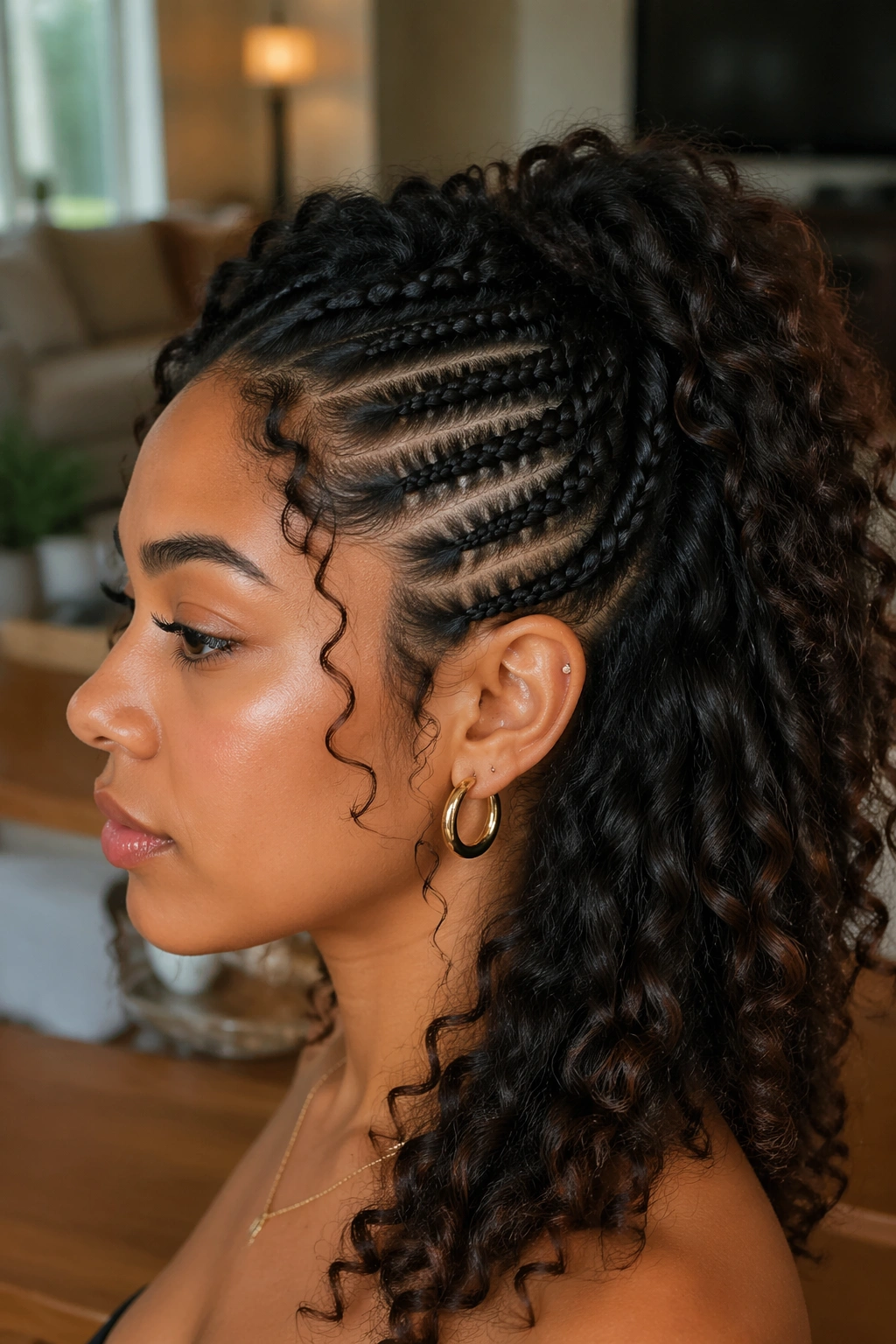Profile view of a real woman showing side cornrows into a half ponytail