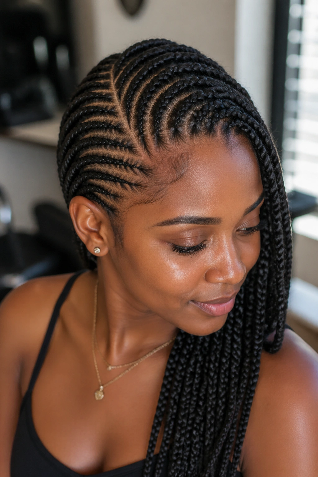 Close-up of a real person with side cornrows and a deep part in a salon setting