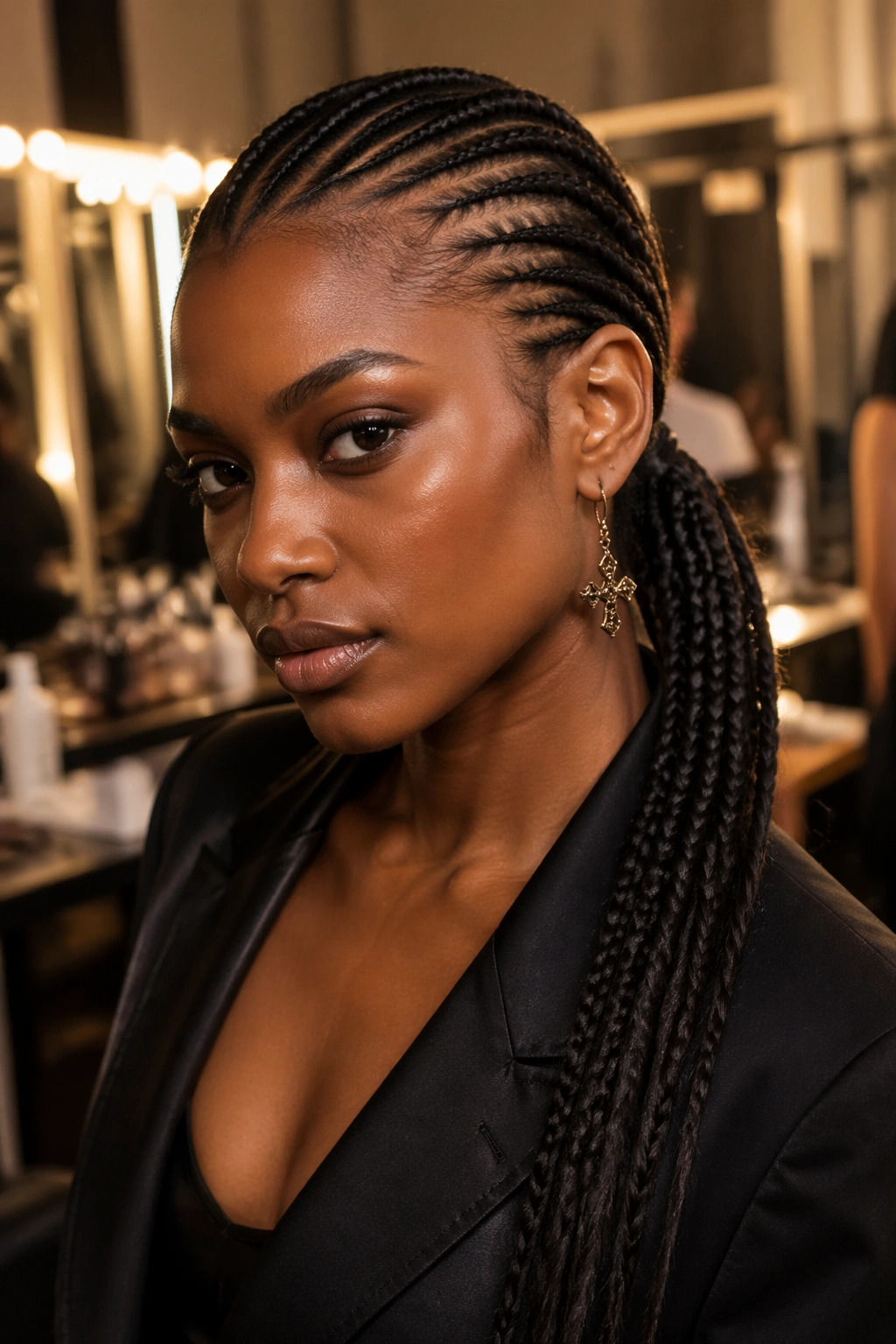 Close-up of a real Black woman with side cornrow ponytail behind one ear