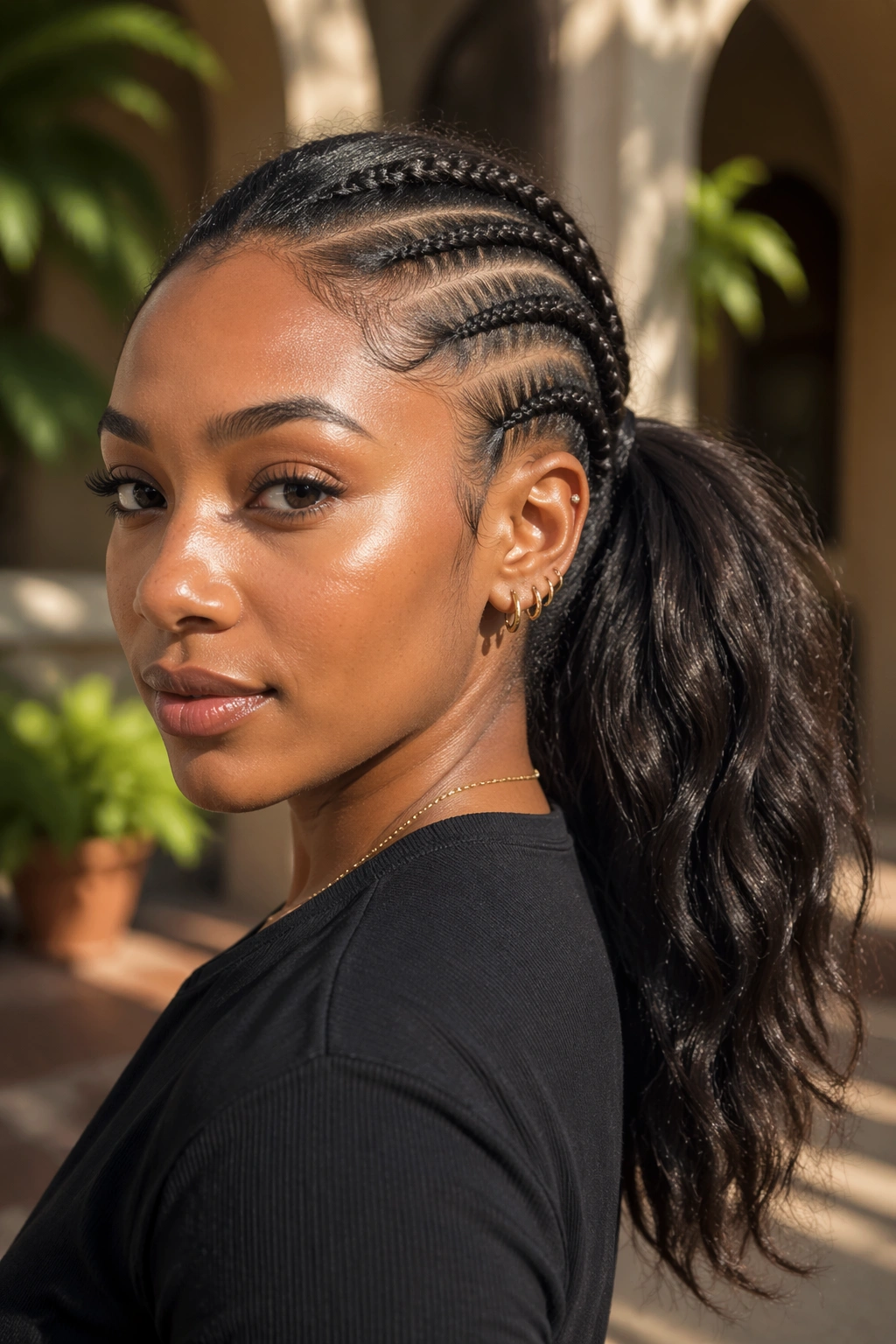 Close-up of a real woman with a side cornrow flowing into a loose mid ponytail