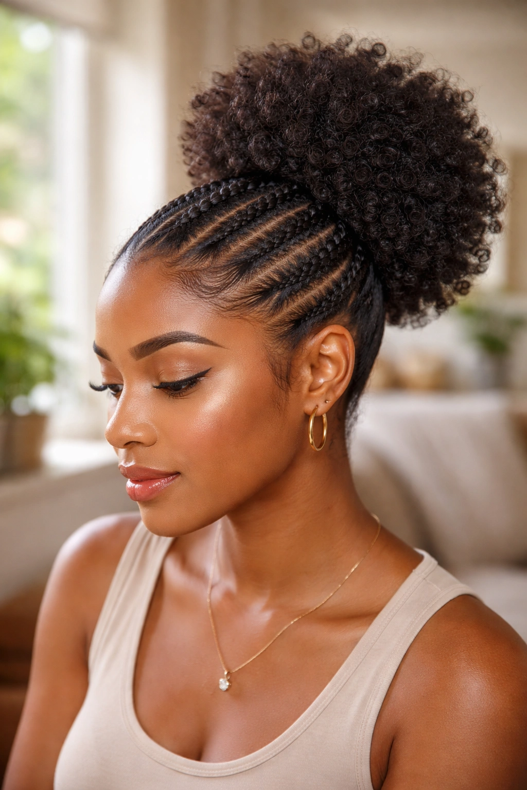 Side cornrows with an afro puff bun on a real person
