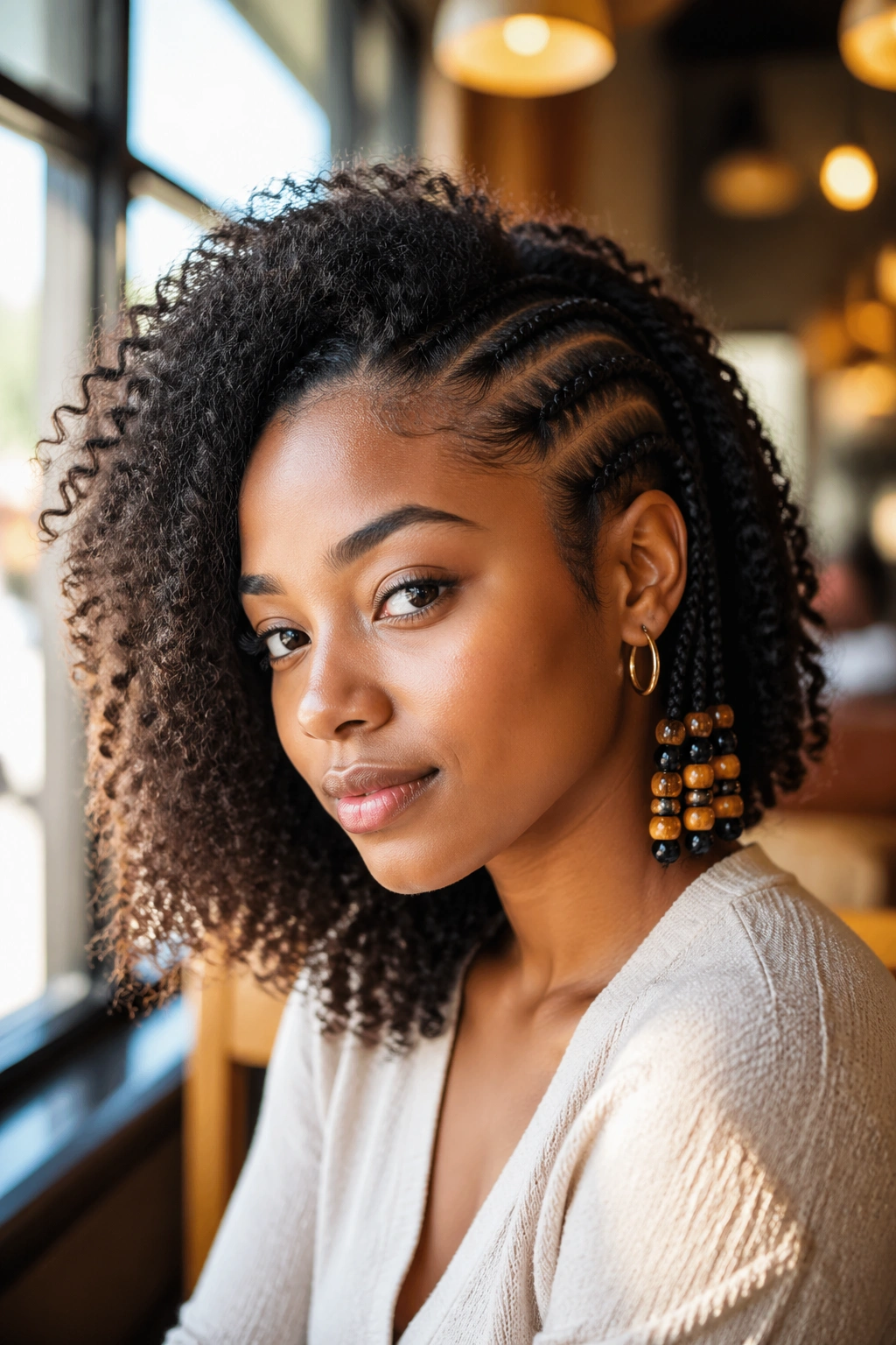 Portrait of side cornrows with beads on one side only on a real person