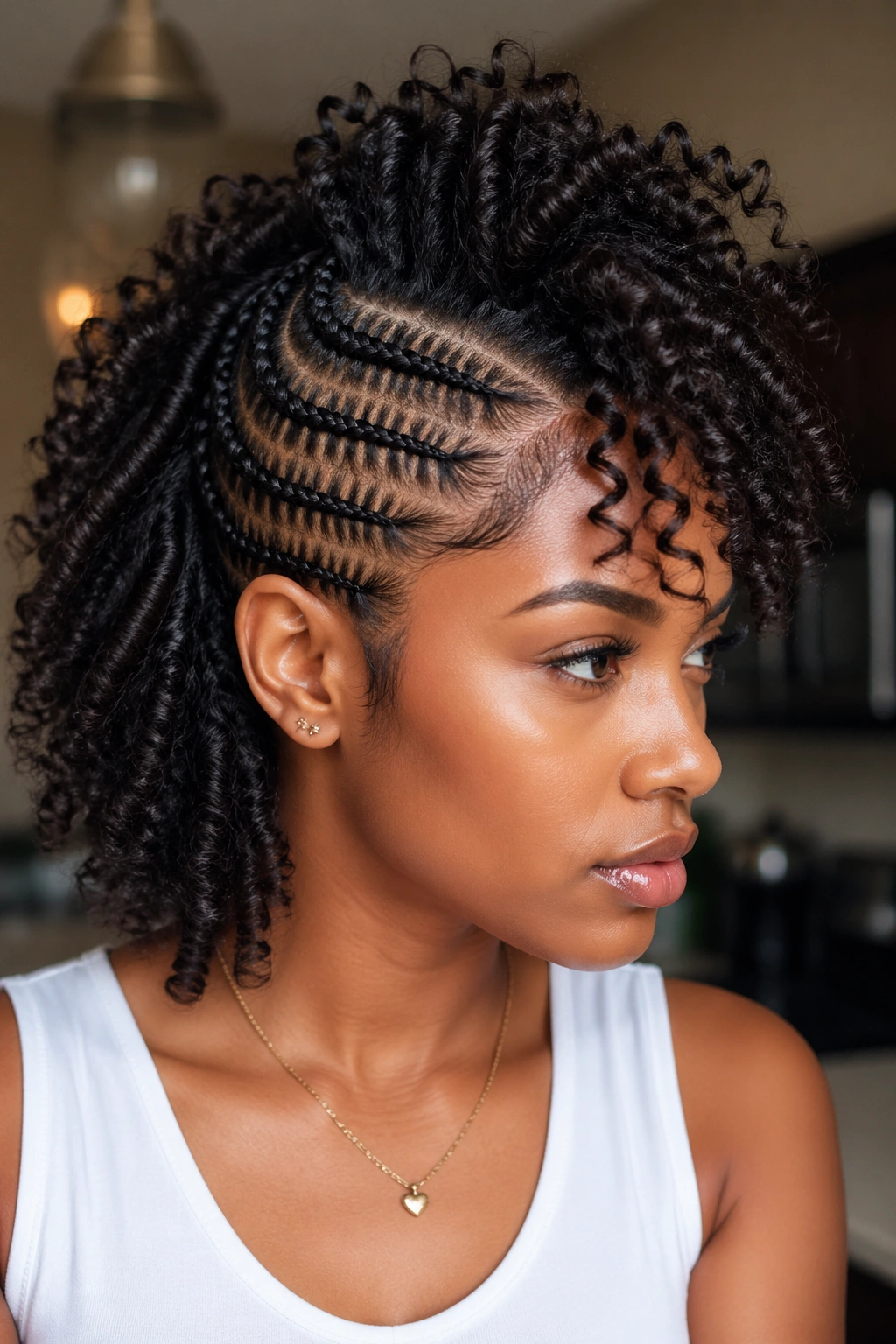 Real-person portrait showing side cornrows with a center curled strand forming a mohawk silhouette.