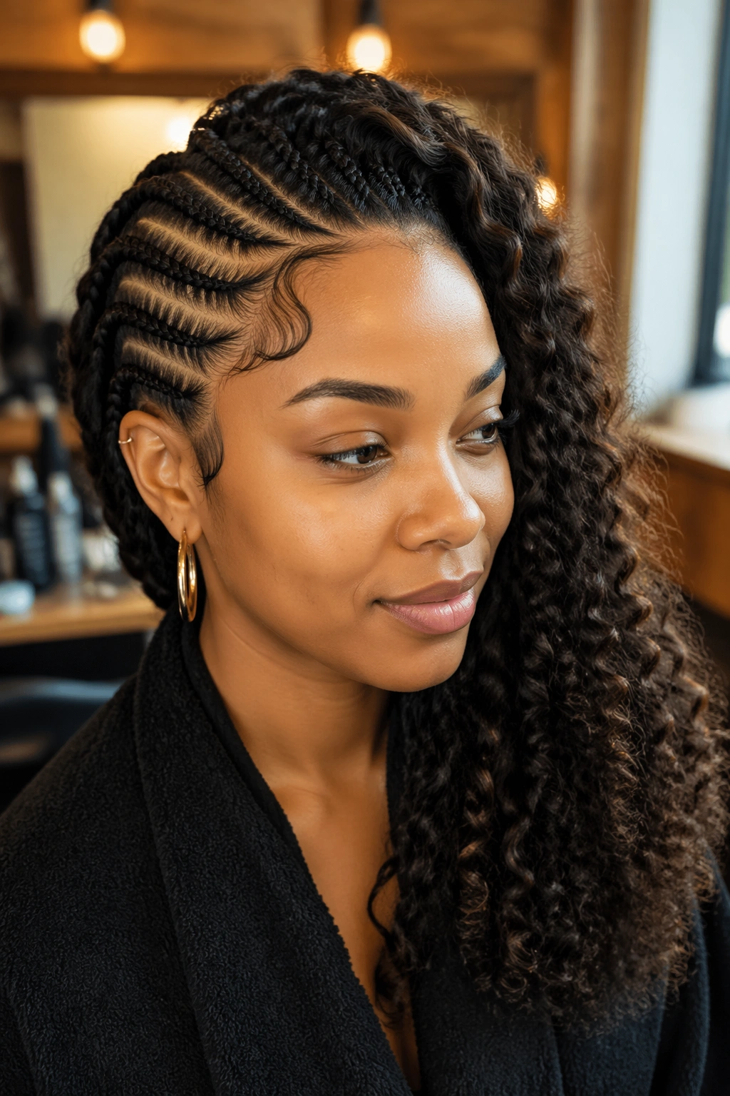 Close-up of a real woman with side cornrows and flowing curls in warm salon light.