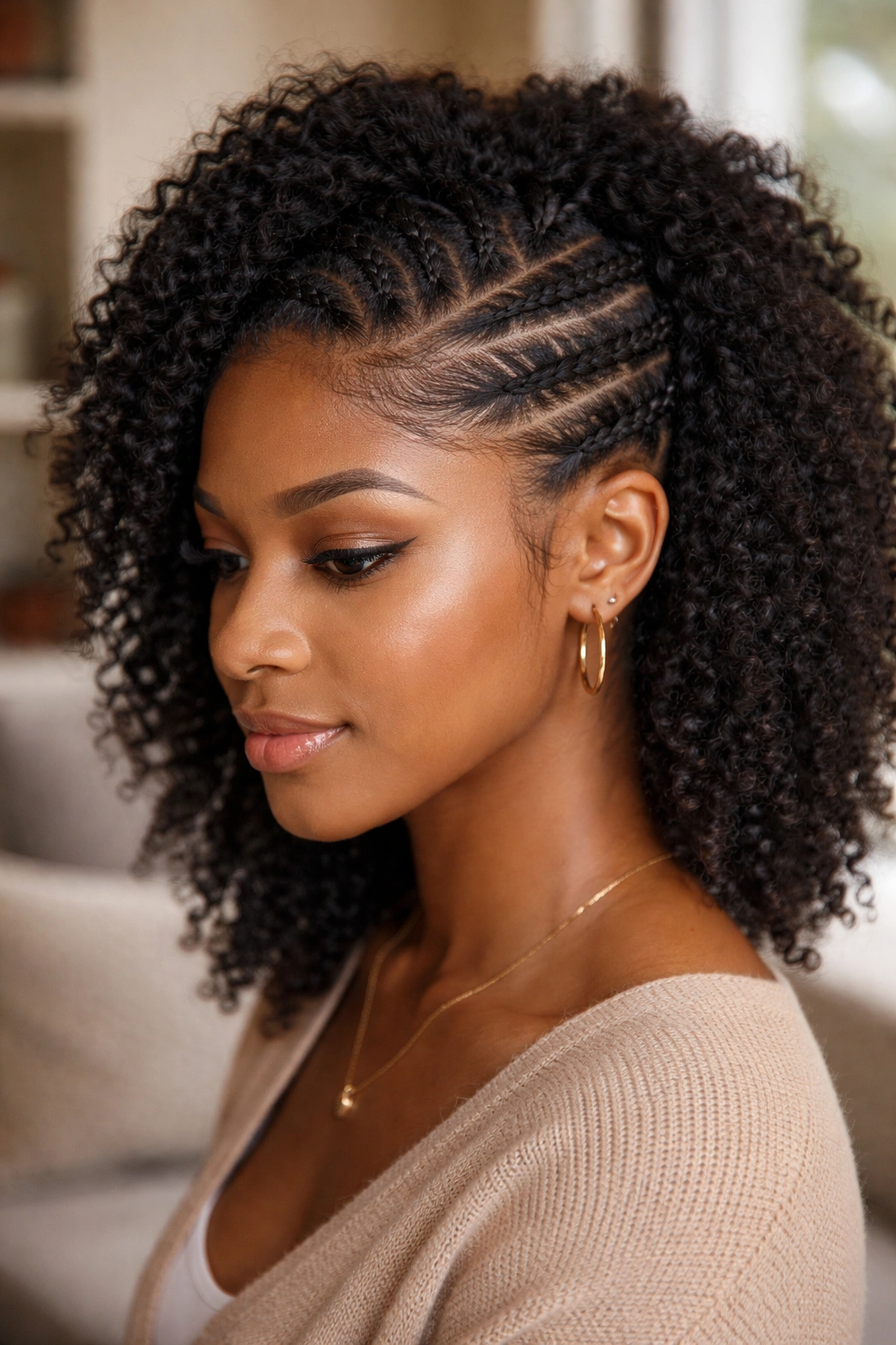 Real person with curved side part and cornrows