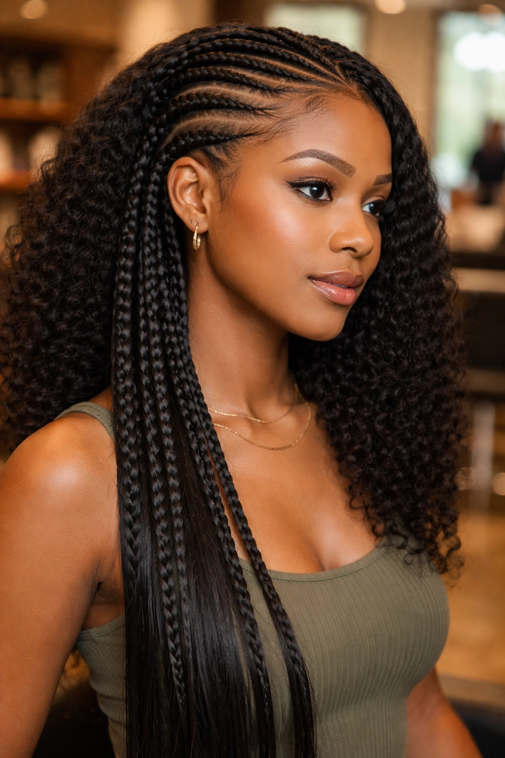 Close-up of side cornrows with Kanekalon extensions on a real woman, dramatic asymmetry