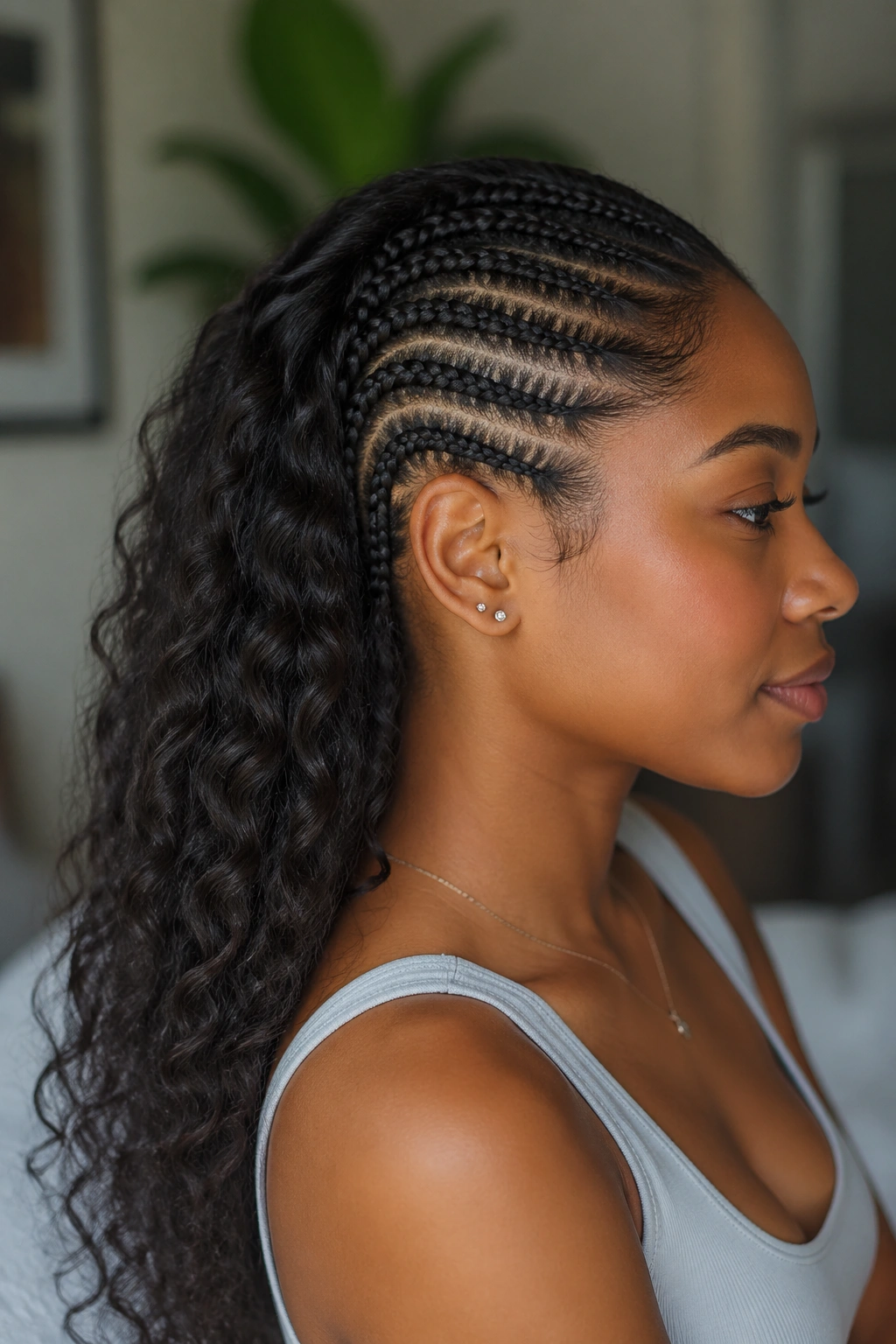 Side profile of real person with side cornrows and loose back hair