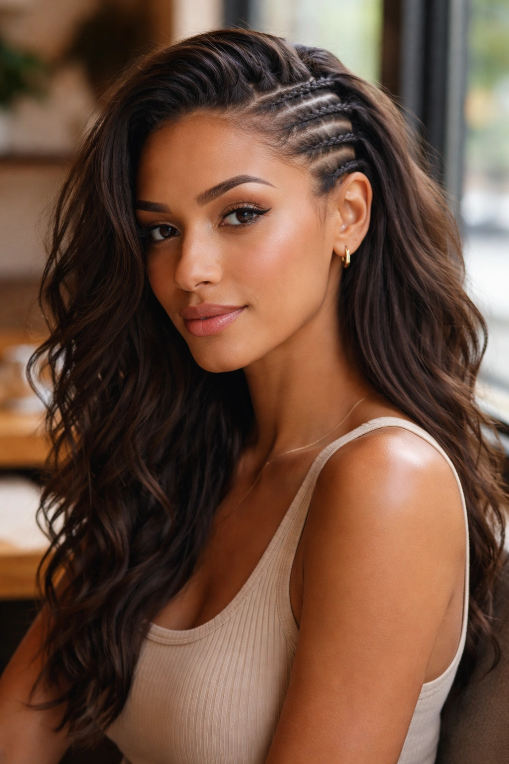 Close-up portrait of a woman with side cornrows and cascading loose hair