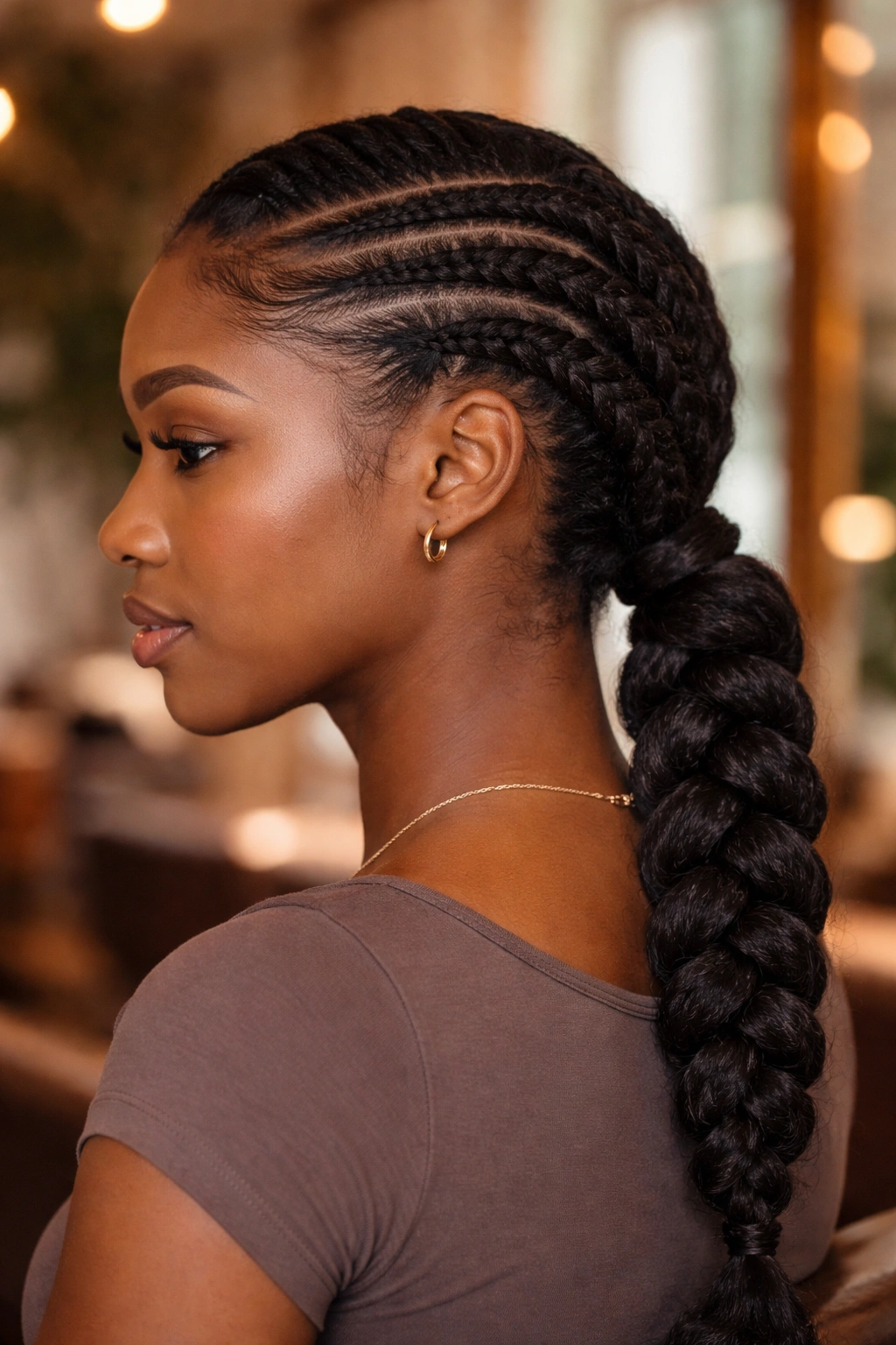 Close-up side portrait of a real person with side cornrows leading into a low hanging braid
