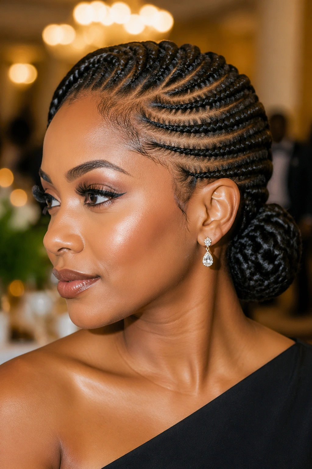 Close-up of a woman with side cornrows forming a low side bun in a formal setting
