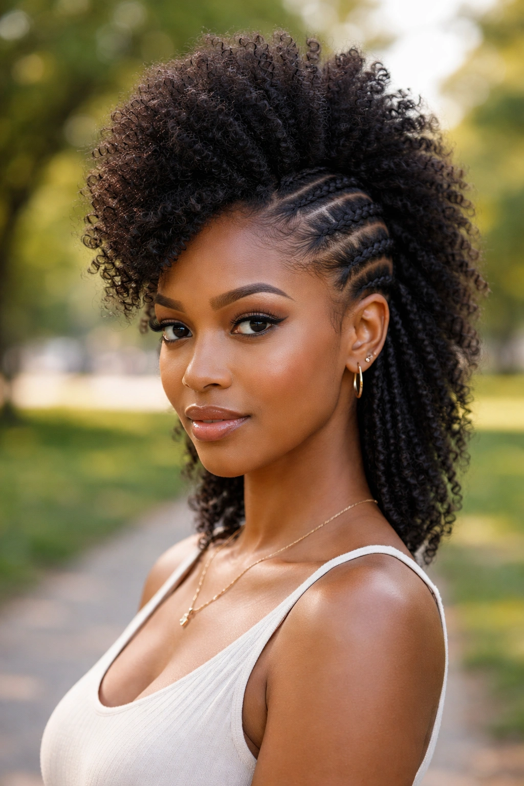 Side cornrows with natural hair mohawk ridge on a real person
