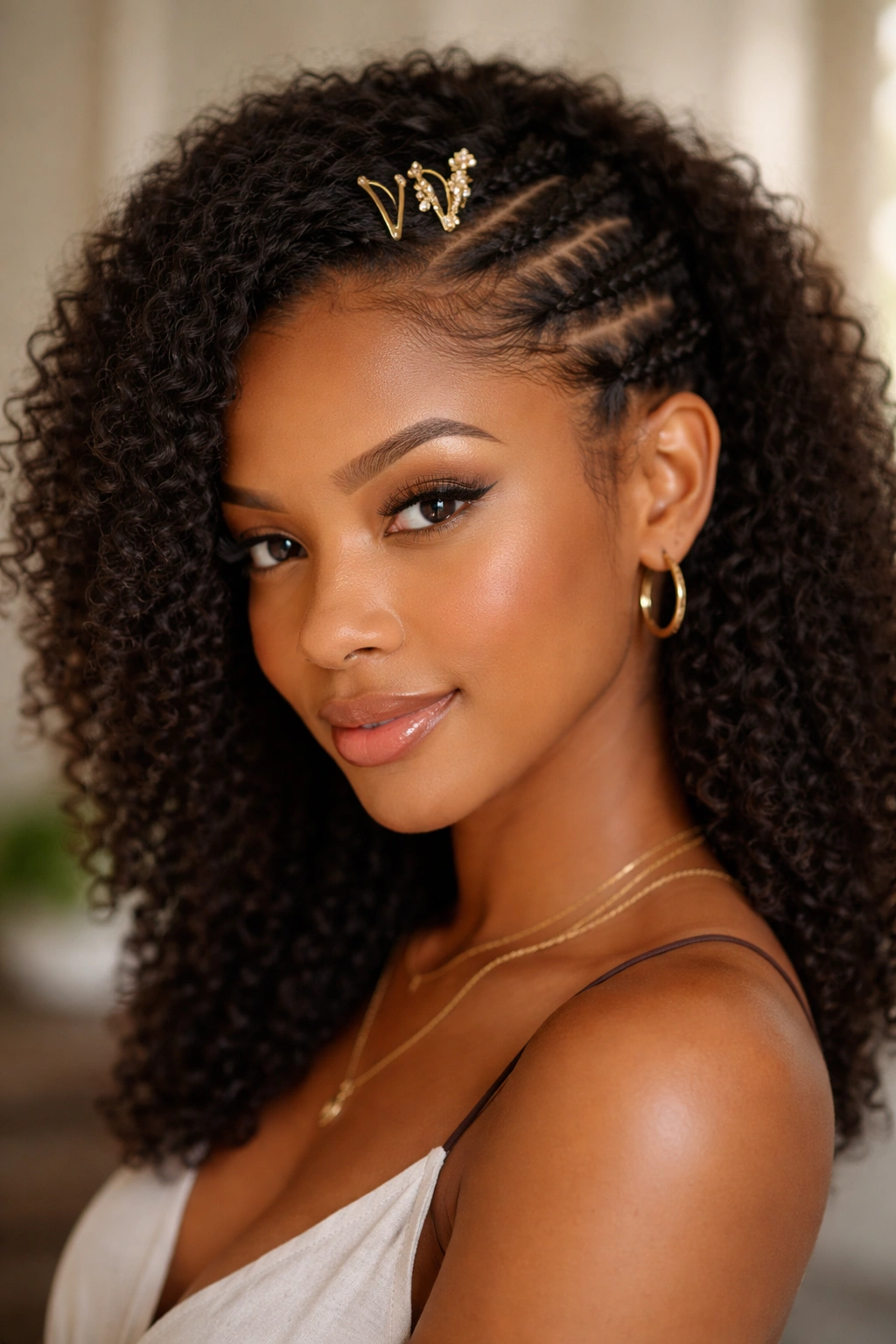 Side cornrows with pinned-back front and metal clips on a real person