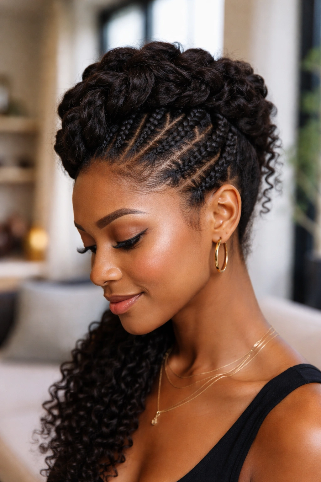 Three-side cornrows with a large twist-on-top crown on a real person