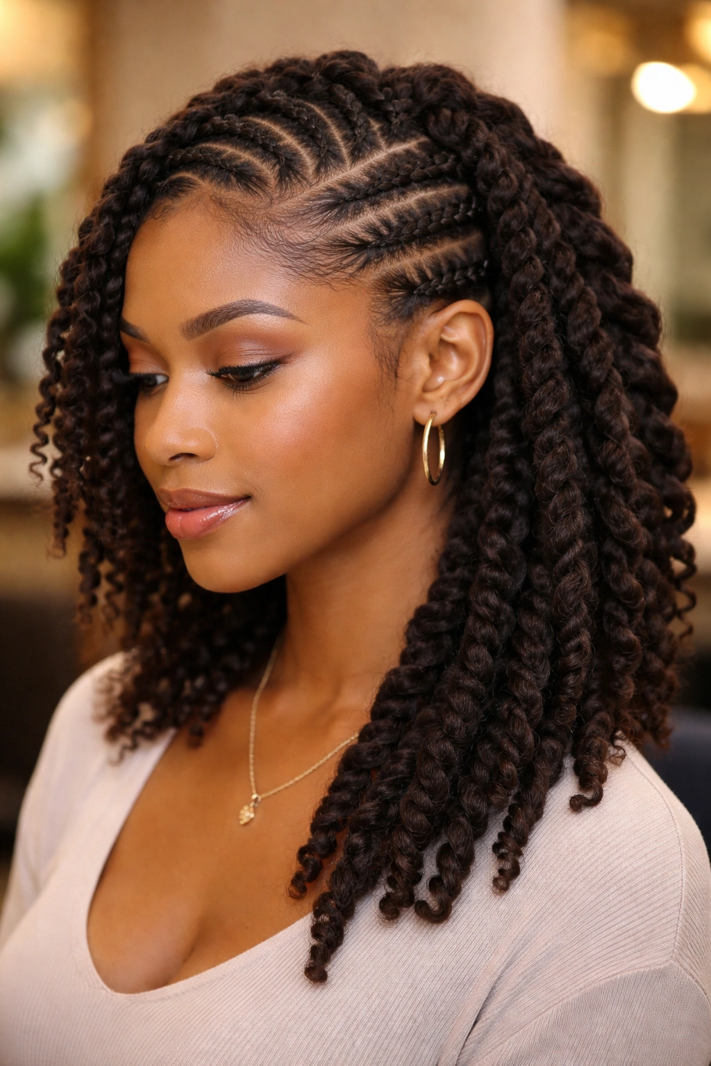 Portrait of a real person with side cornrows and twists on the opposite side
