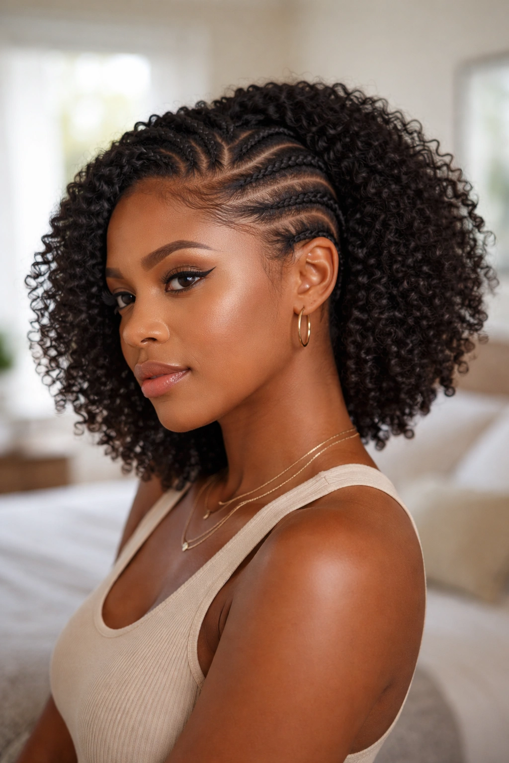 Side cornrows with deep part and undercut illusion on a real person