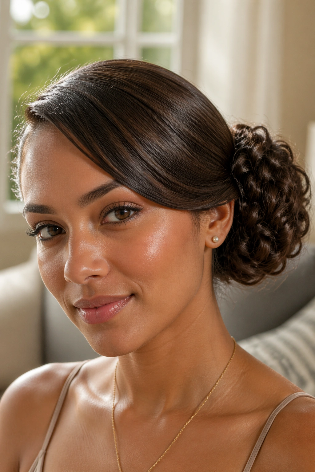 Side curly bun with smooth sweep on real woman; side-swept fringe and bun near ear