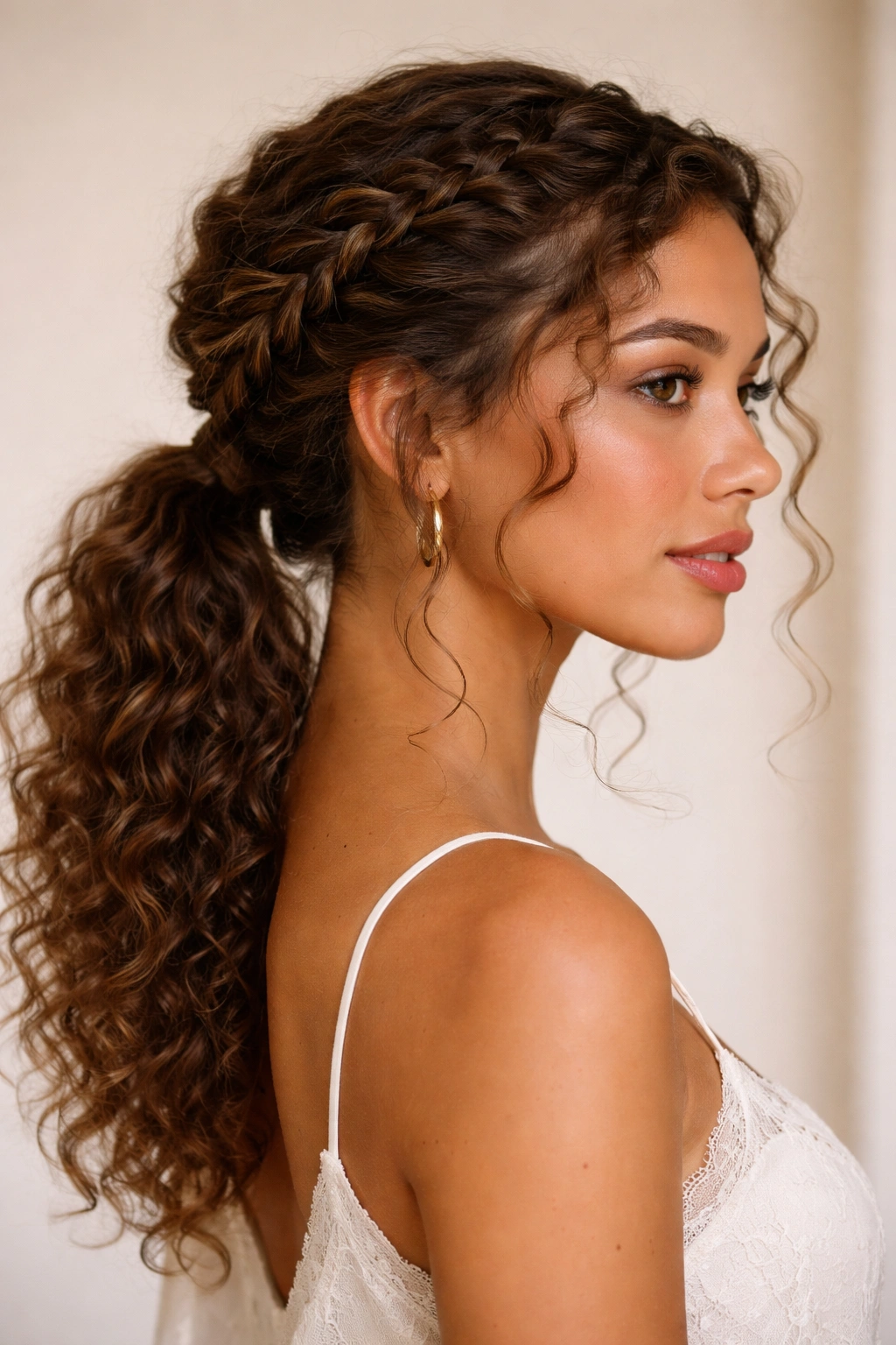 Side Dutch braid leading into a low ponytail on a curly hairstyle