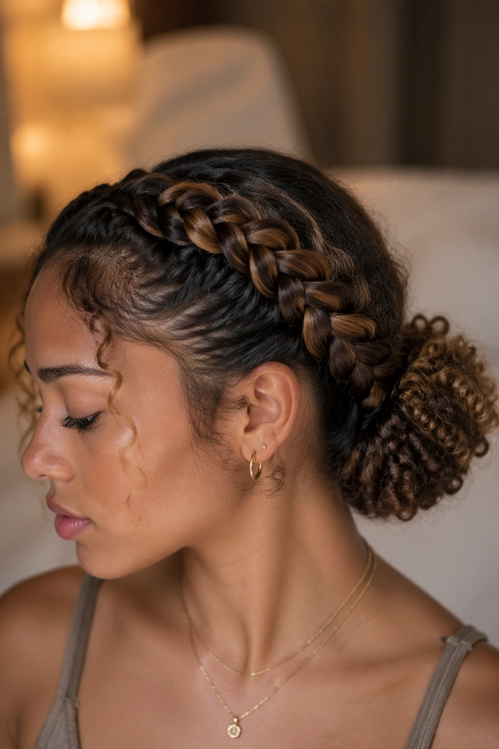Side Dutch braid flowing into a low puff on a real woman