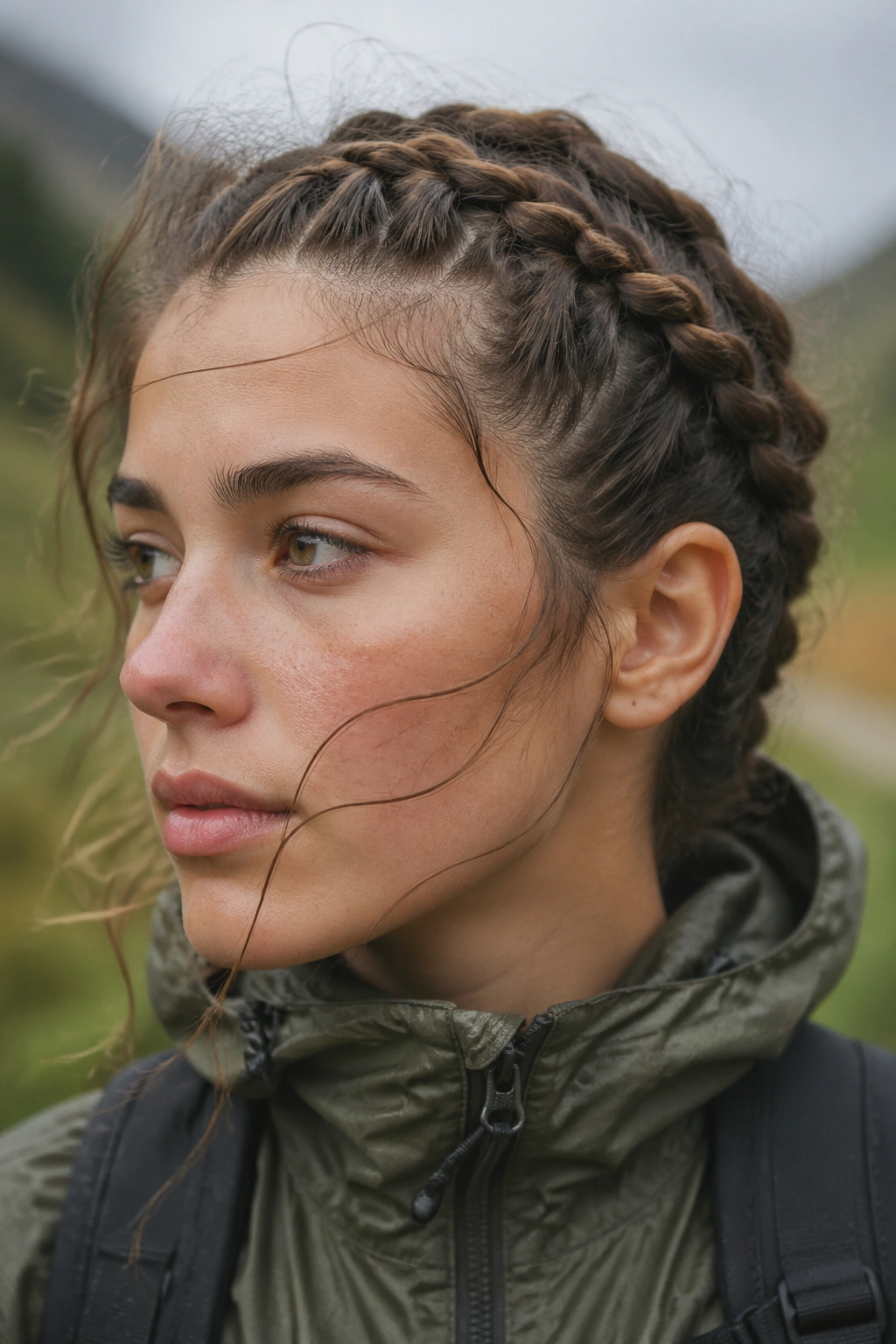 Portrait of a person with side Dutch braids outdoors