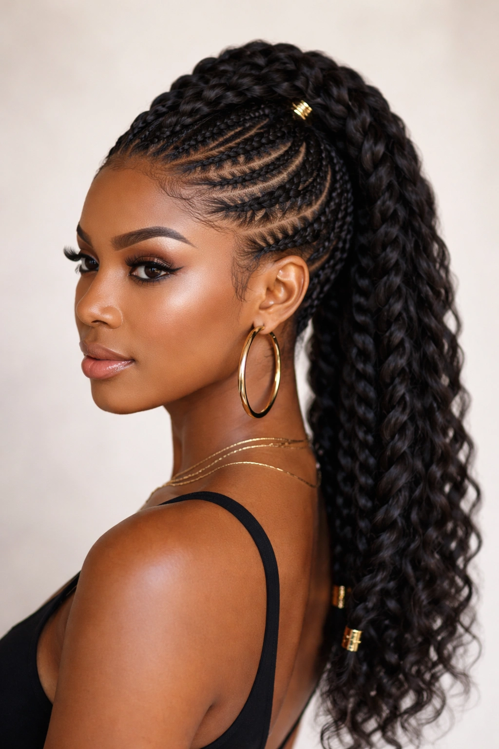 Mohawk with side feed-in braids widening the silhouette