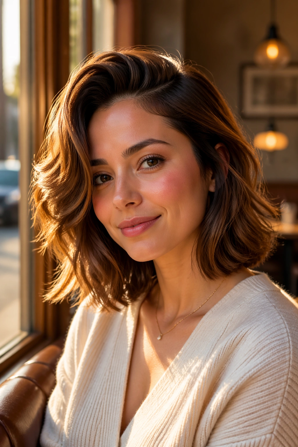 Portrait of a real woman with a retro side-flip lob and crown lift
