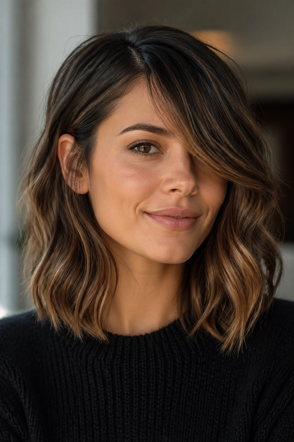 Portrait of a real woman with side-fringe lob and soft movement in waves