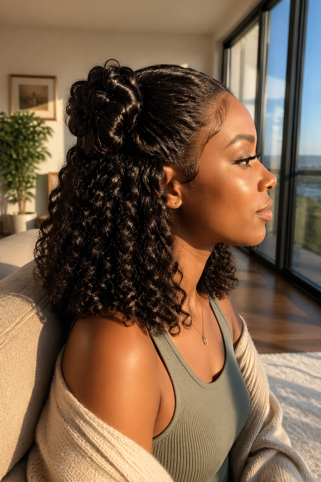 Side-profile of half-up knot with shoulder-skimming curls