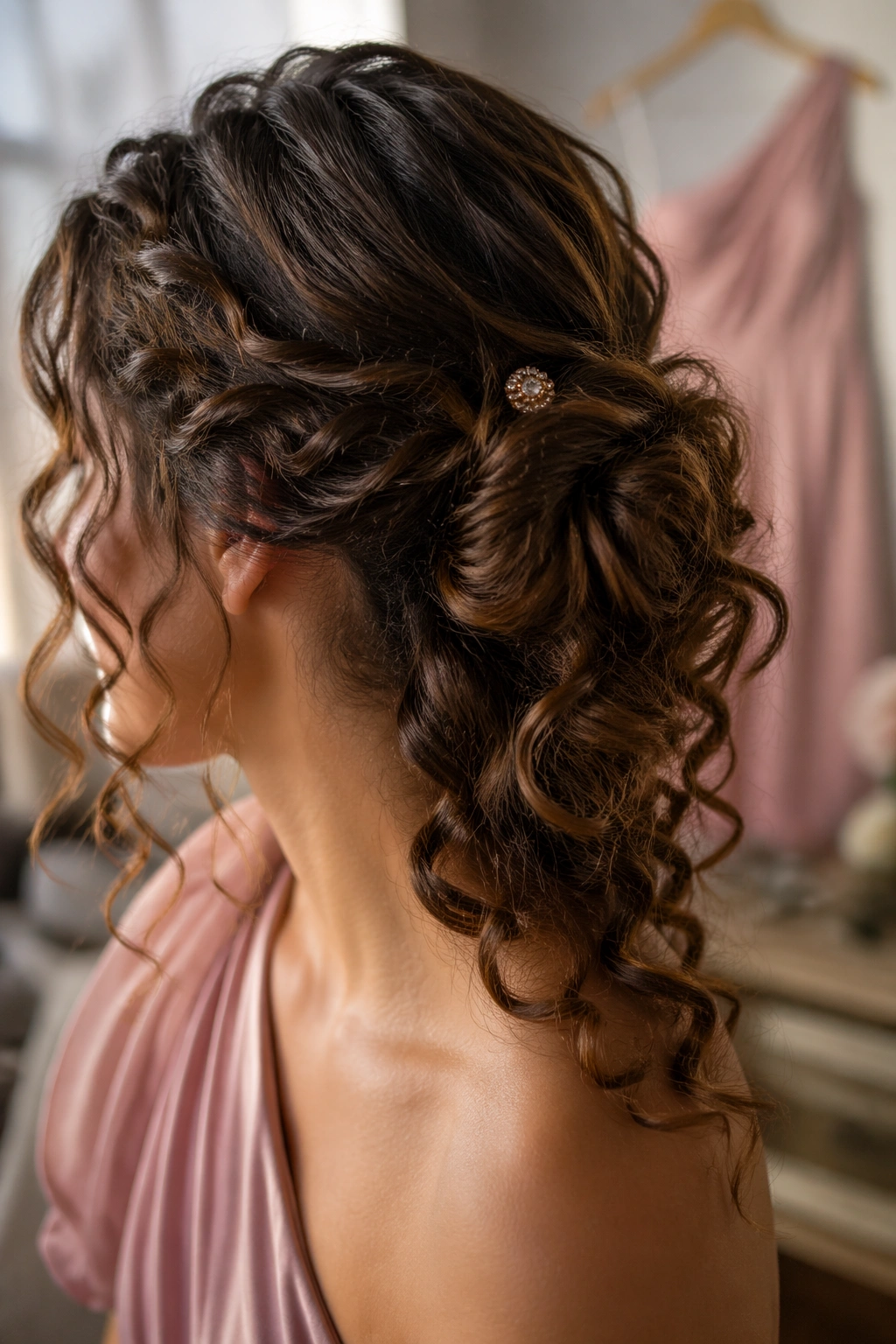 Close-up of side knot hairstyle with single pin for one-shoulder dress