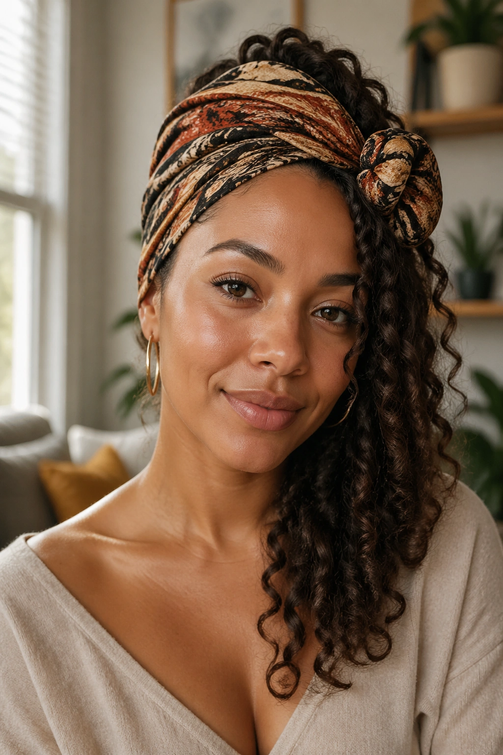 Close-up portrait of a real woman with a side-knot wrap and one curl cascade over the shoulder