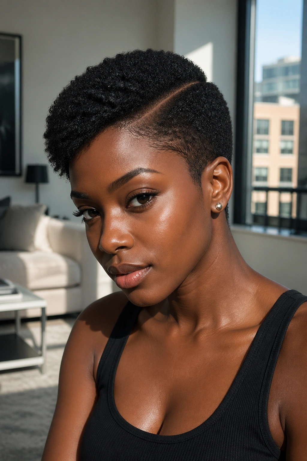 Close-up of a real woman with a crisp sculpted side part on short 4C hair