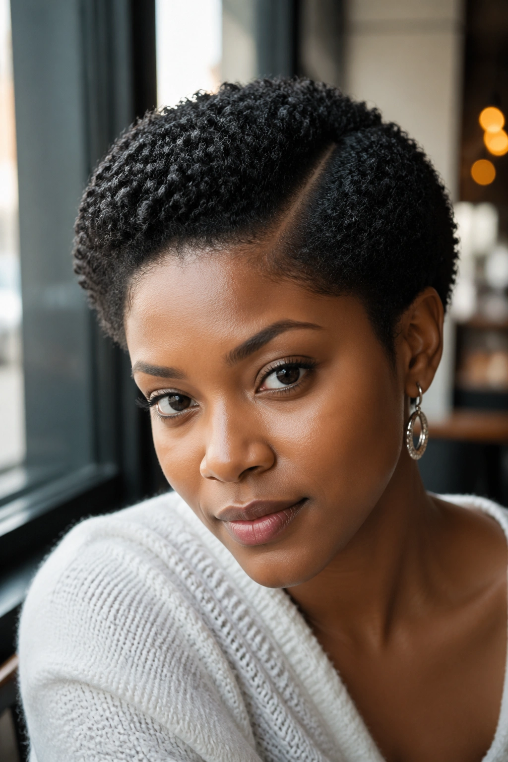 Close-up of real woman with deep side-parted small Afro.